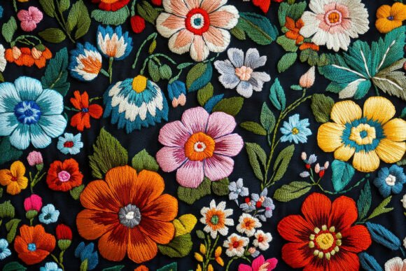 Colorful Embroidery on Black Fabric Back