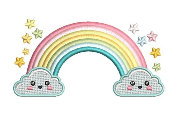 Cute Rainbow with Smiling Clouds Embroidery Design